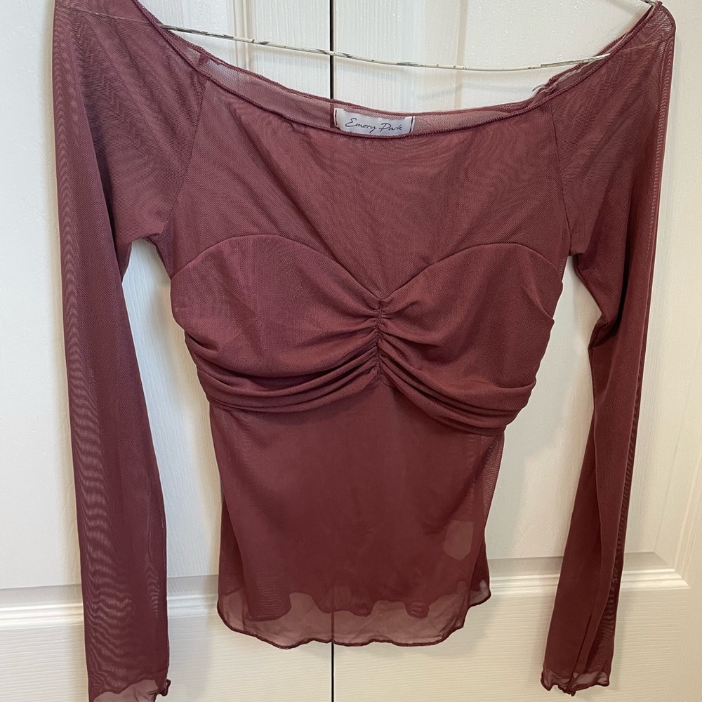 Emory Park Off-Shoulder Sheer Ruched Blouse - Burgundy